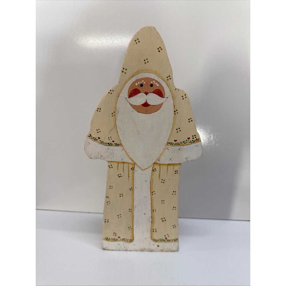 Handcrafted Wooden Santa Claus Folk Art Figurine Standing Cream Holiday Decor
